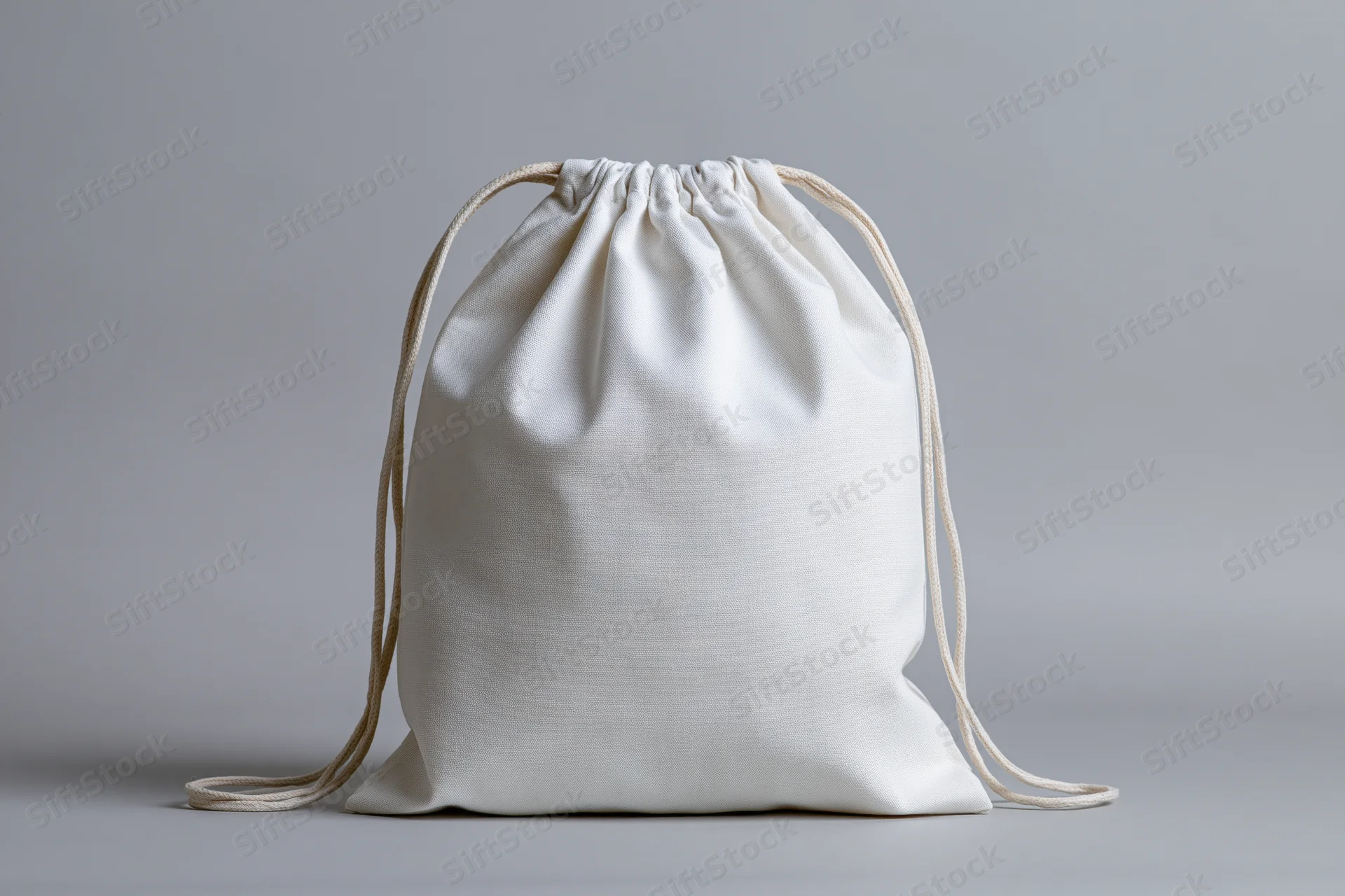 White cotton drawstring bag standing upright on a plain surface