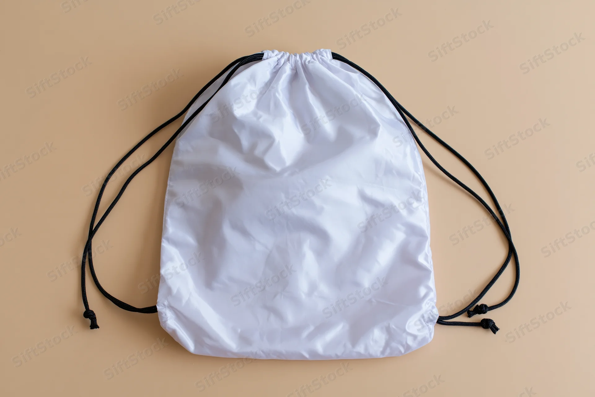 White drawstring backpack lying flat on beige surface with copyspace for branding