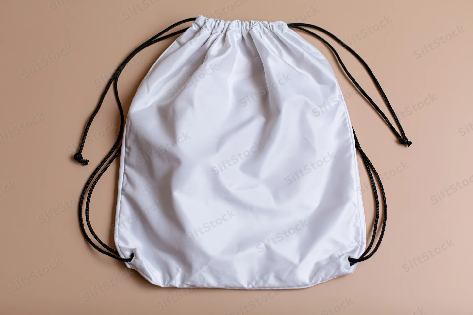 White drawstring backpack lying flat on beige surface with copyspace for design