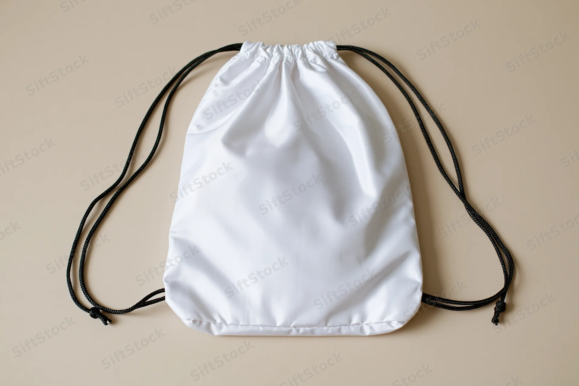 White drawstring backpack lying flat on beige surface with black cords and copyspace