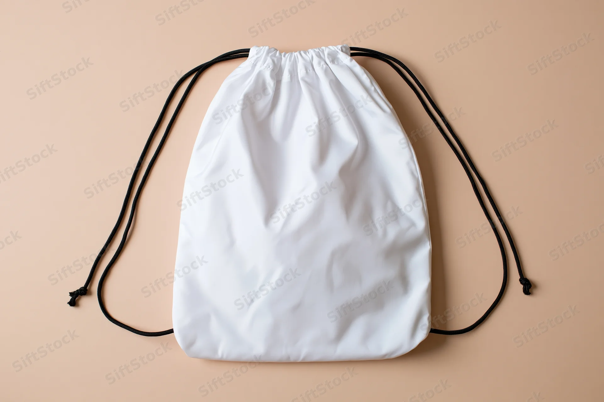 White drawstring backpack lying flat on beige surface