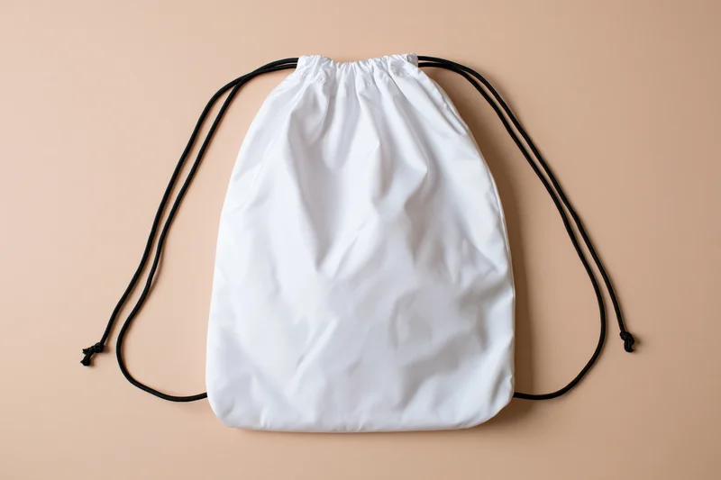White drawstring backpack lying flat on beige surface
