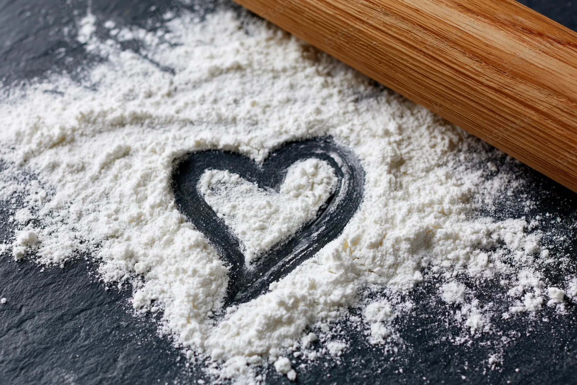 Heart shaped in white flour on dark slate surface with wooden rolling pin nearby