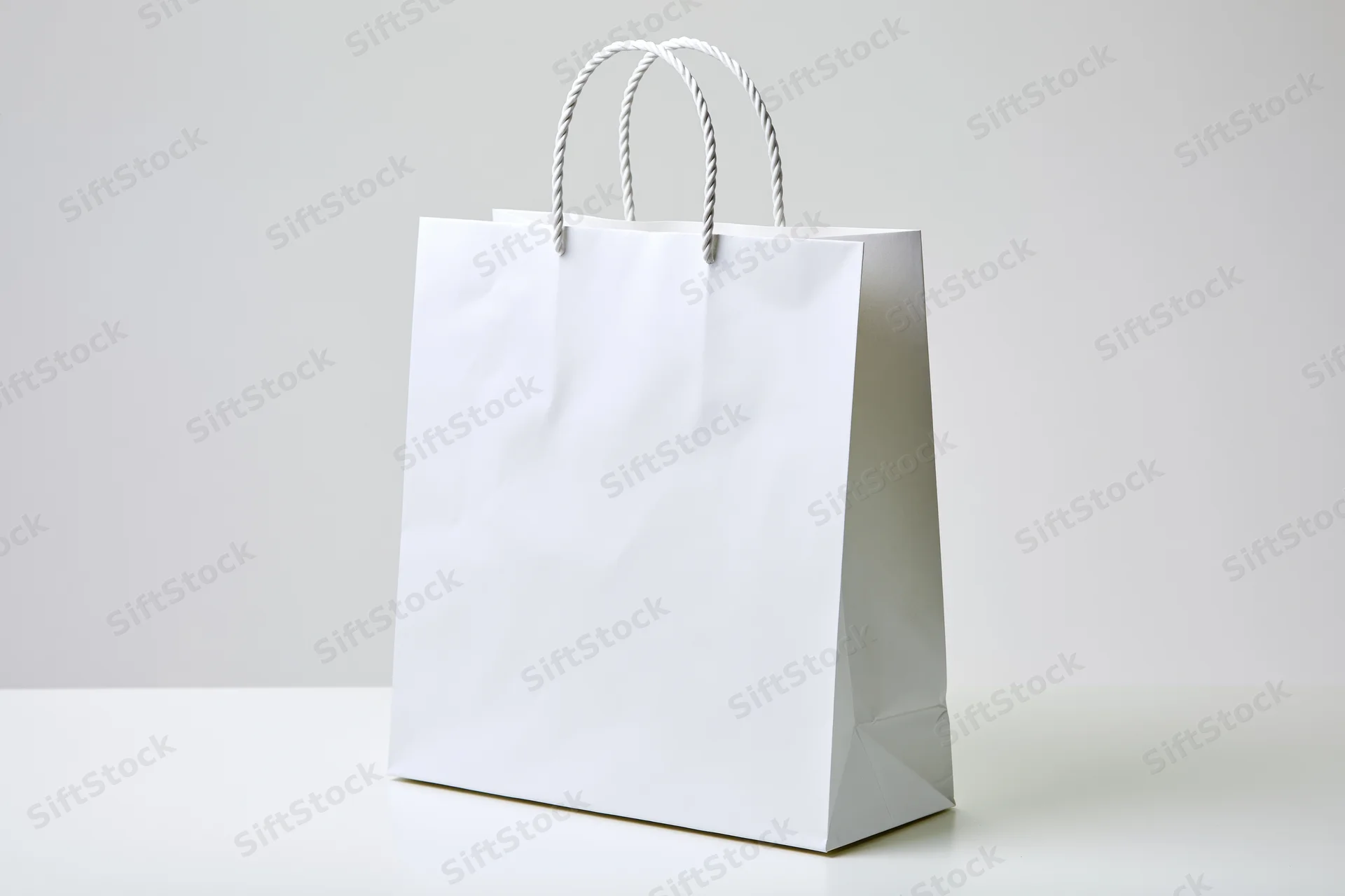 White paper shopping bag with twisted rope handles on a plain surface