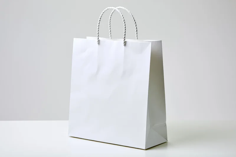 White paper shopping bag with twisted rope handles on a plain surface