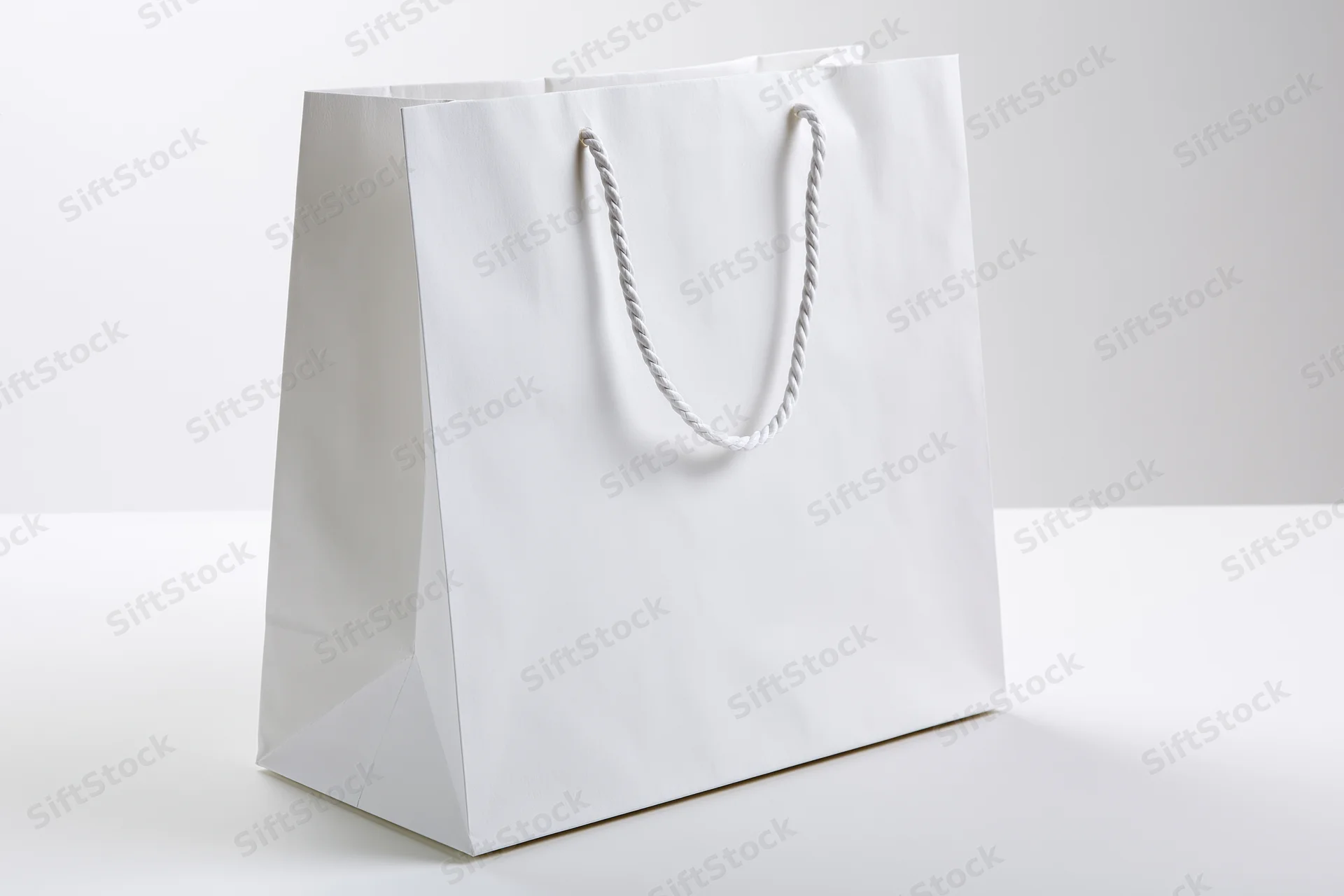 White paper shopping bag with twisted rope handles standing on plain surface