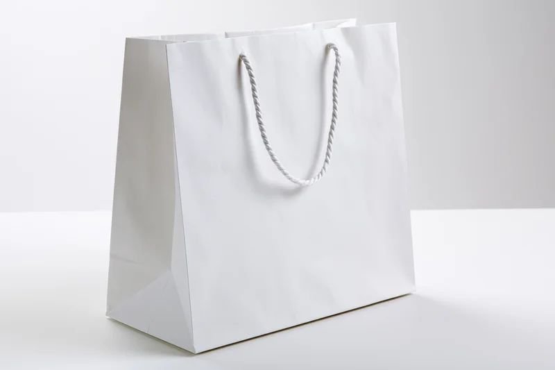 White kraft paper shopping bag twisted rope handles standing