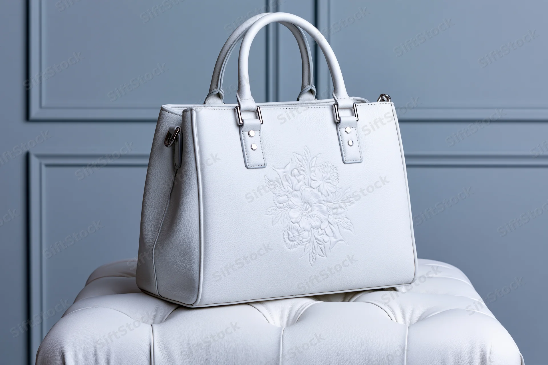 White leather tote handbag with floral embossing resting on tufted ottoman against blue paneled wall