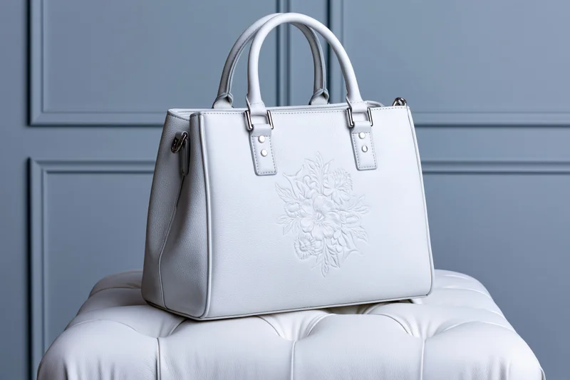 White leather tote handbag with floral embossing resting on tufted ottoman against blue paneled wall