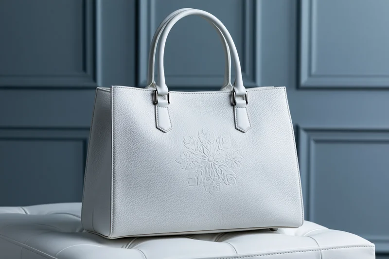 White leather tote handbag with embossed floral design resting on tufted ottoman against blue paneled wall
