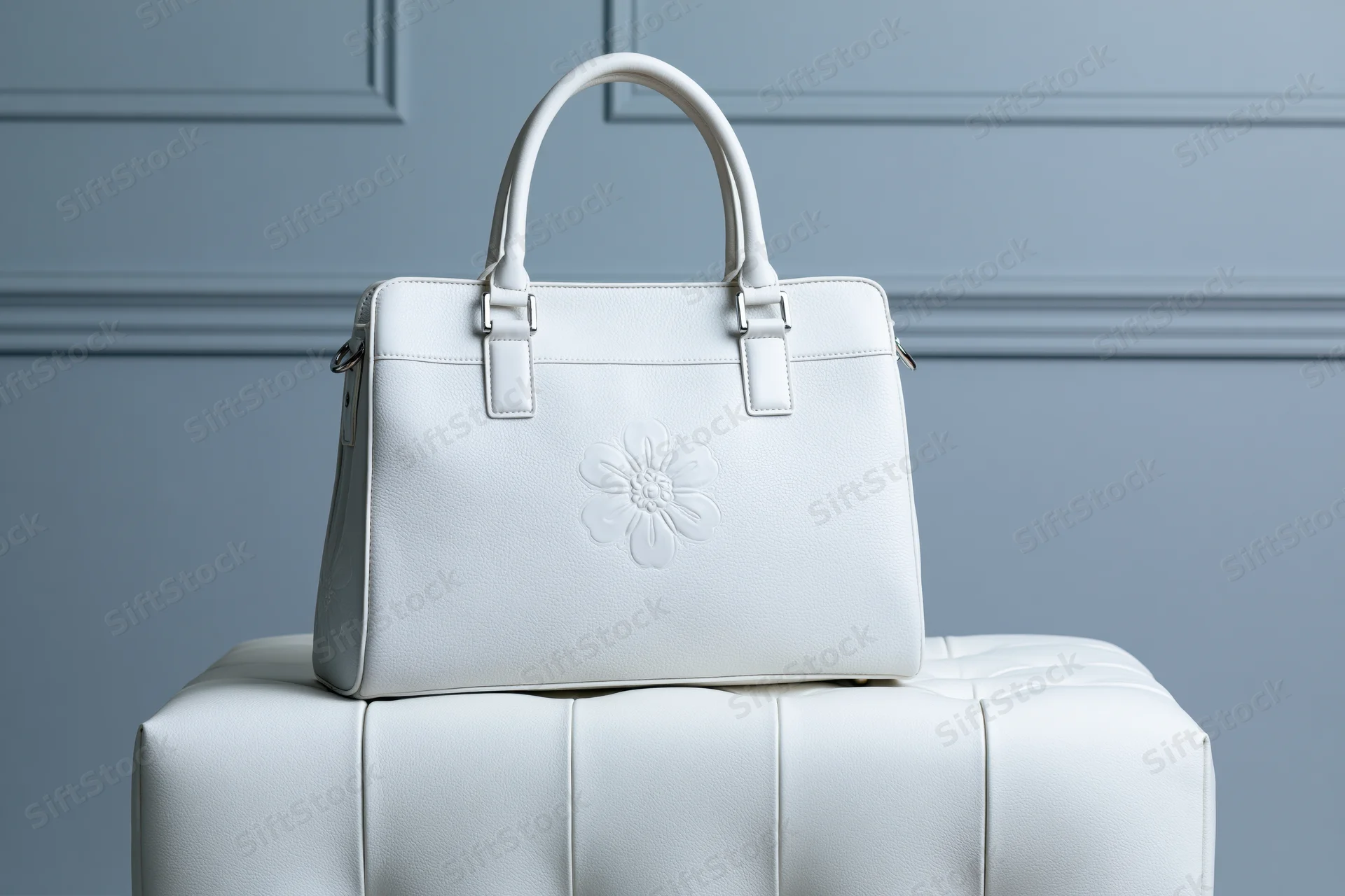 White leather structured tote handbag with embossed flower design resting on a tufted ottoman against a blue paneled wall