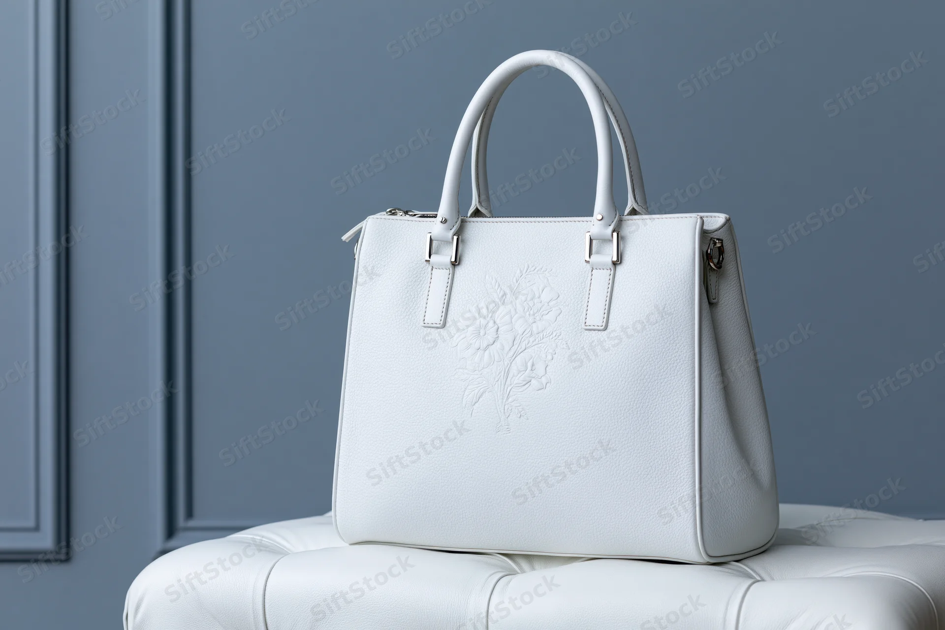 White leather tote handbag with embossed floral design resting on tufted ottoman against blue paneled wall