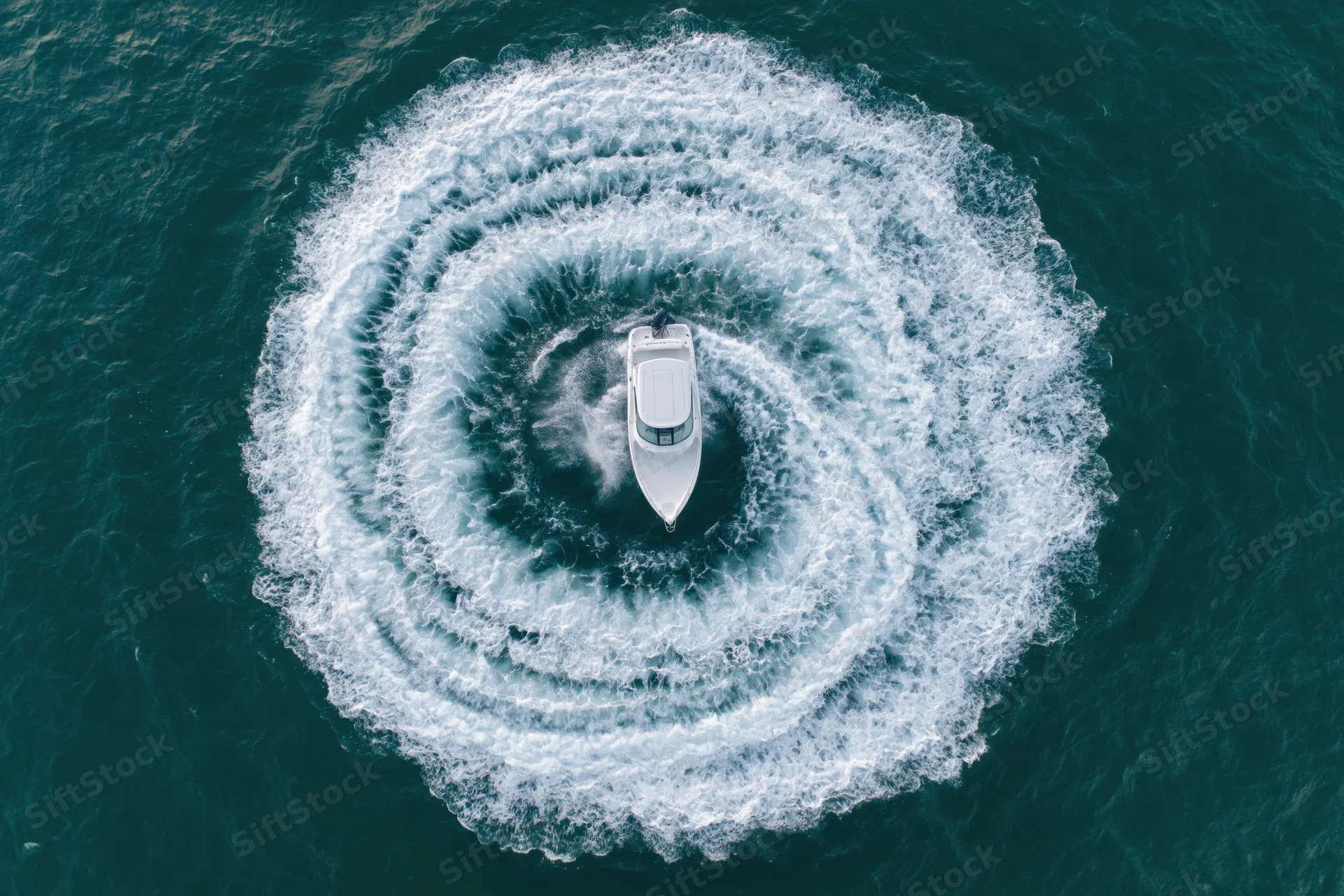 White motorboat turning in tight circular loops on open water, creating spiral wake pattern