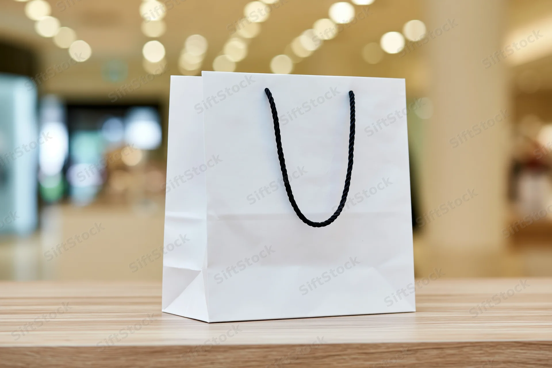 White paper shopping bag with black rope handles on wooden table in store interior