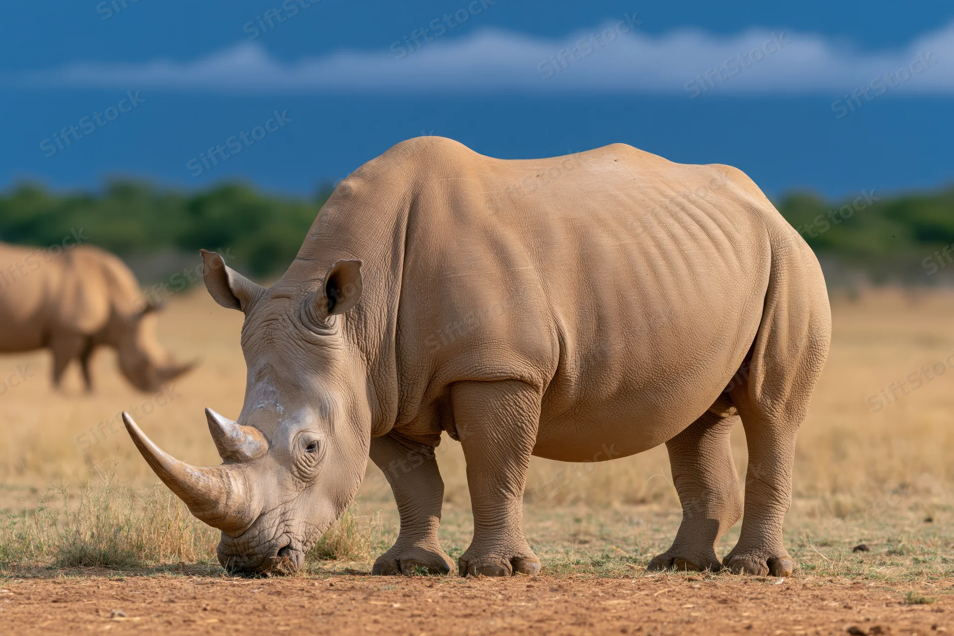 White rhinoceros grazing with head lowered on dry dirt in savanna grassland