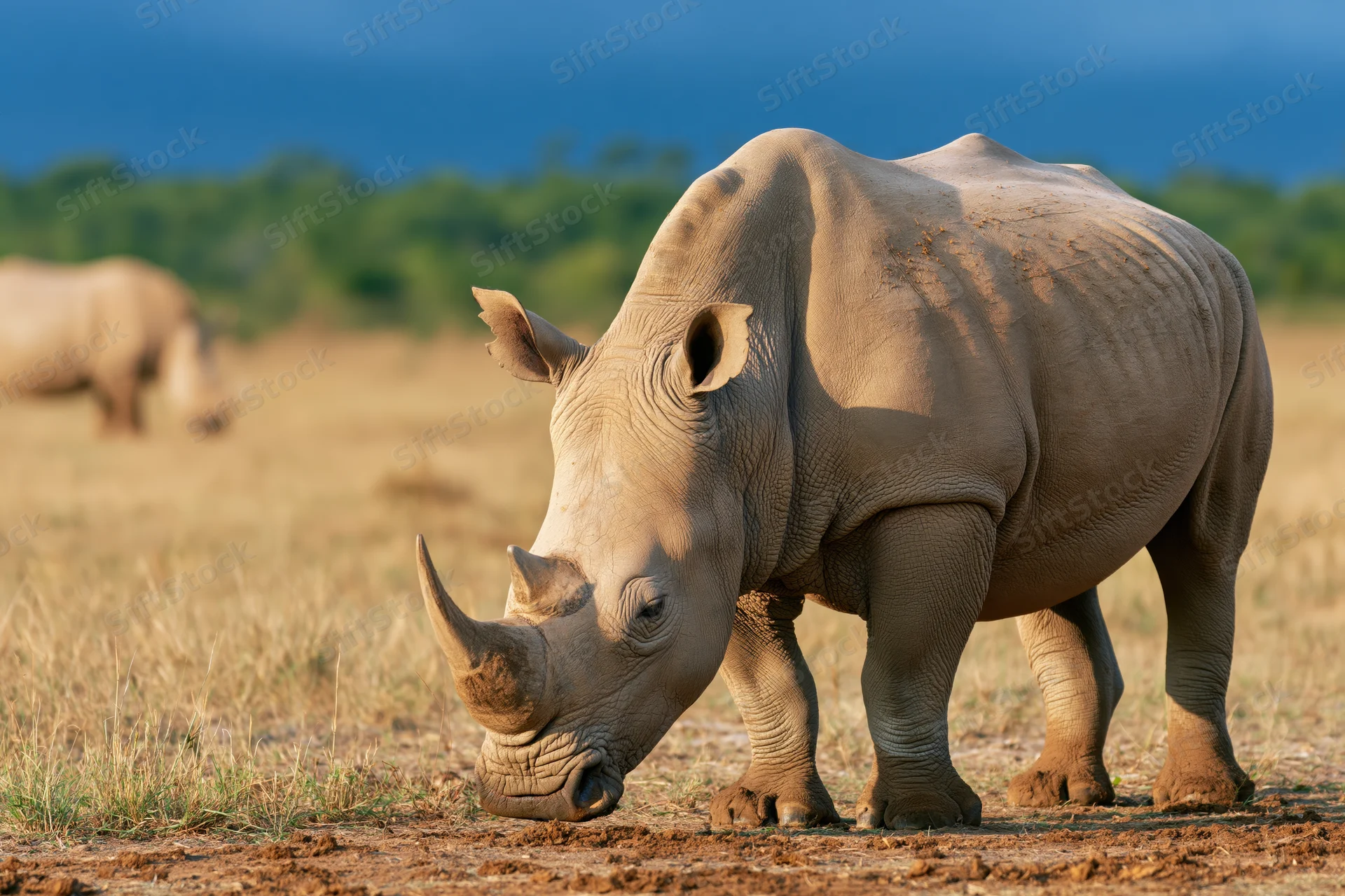 White rhinoceros grazing with head lowered toward dry dirt in savanna grassland