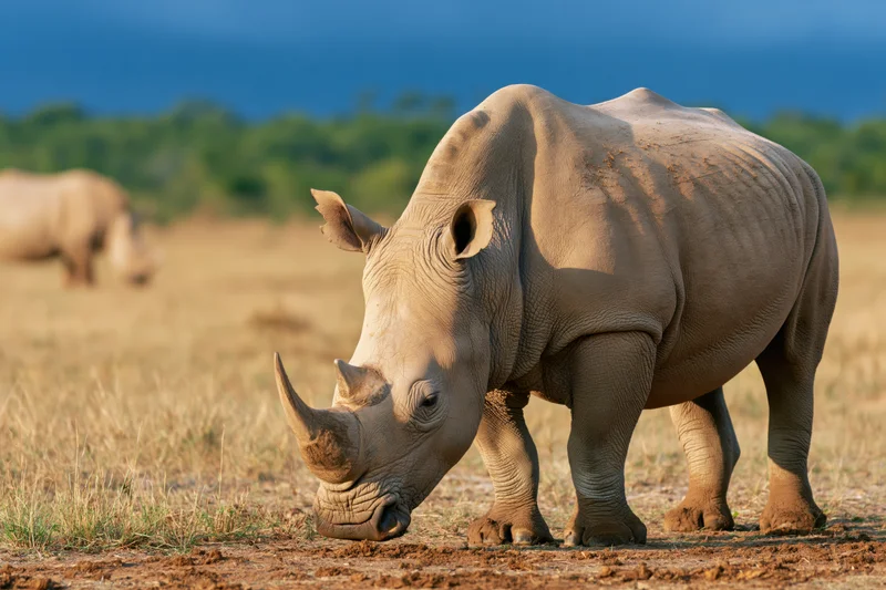 White rhinoceros grazing with head lowered toward dry dirt in savanna grassland