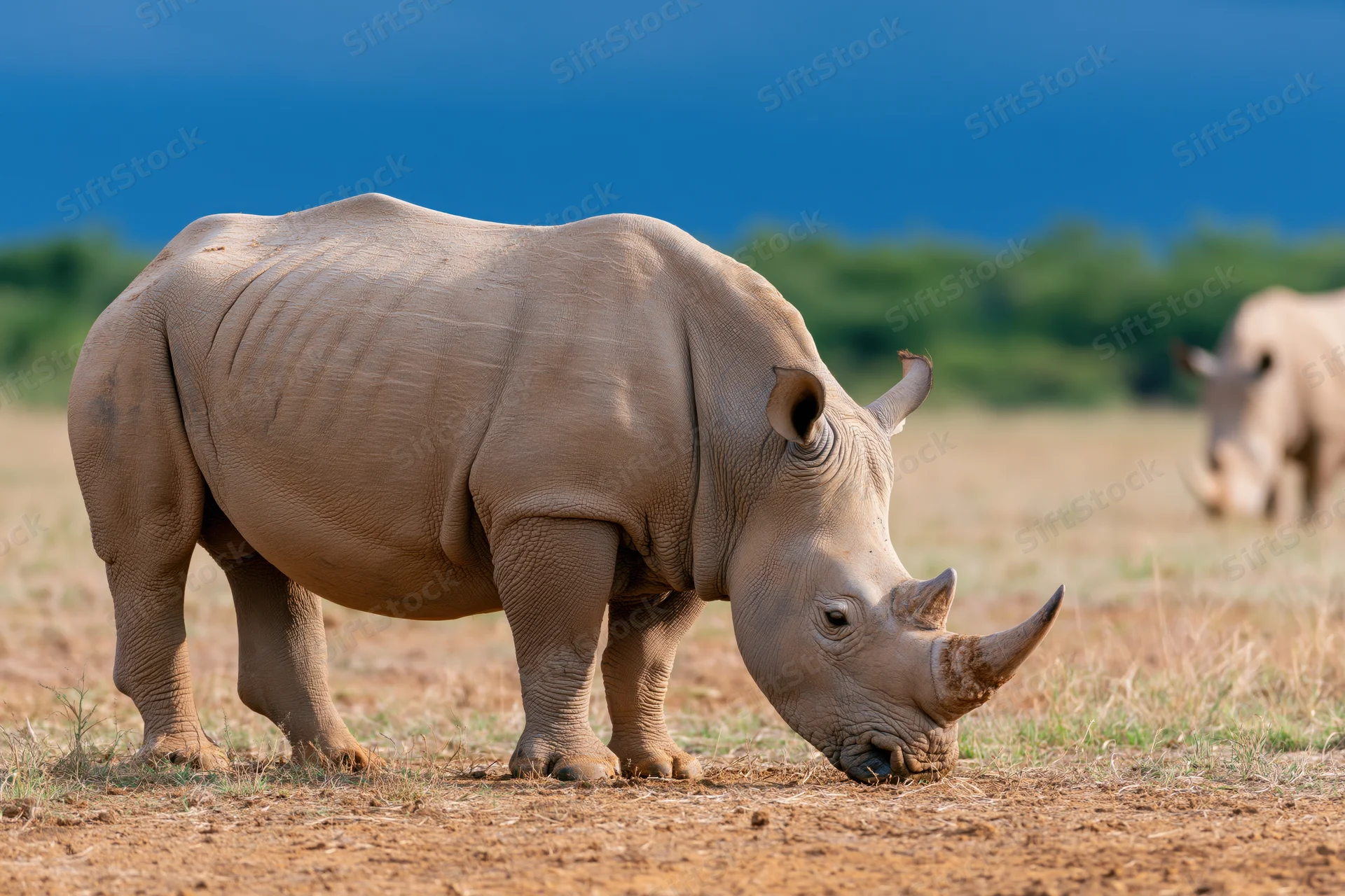 White rhinoceros grazing with head lowered on dry savanna ground