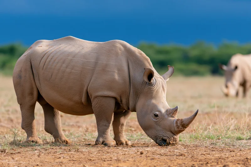 White rhinoceros grazing with head lowered on dry savanna ground