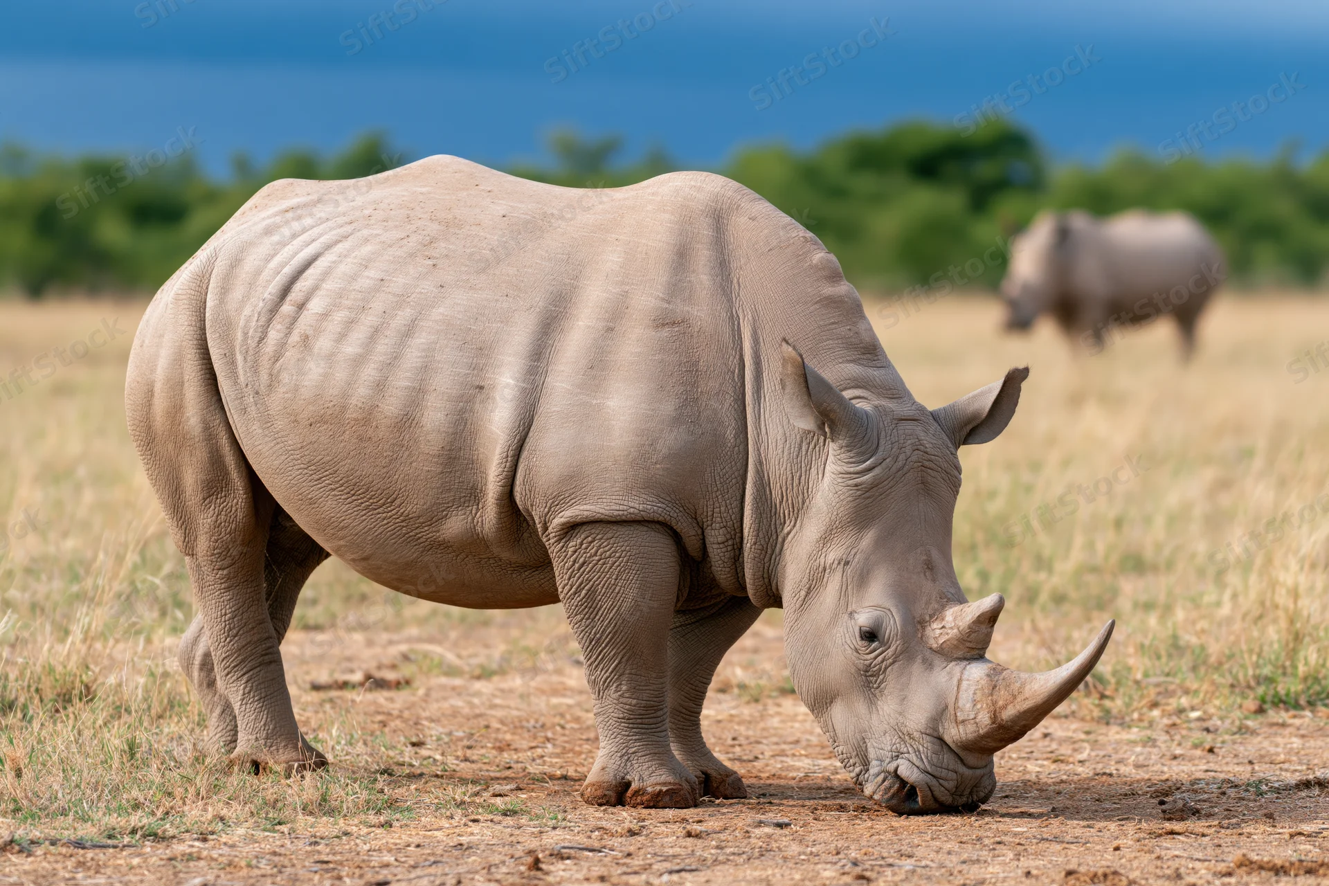 White rhinoceros grazing with head lowered on dry dirt in savanna grassland