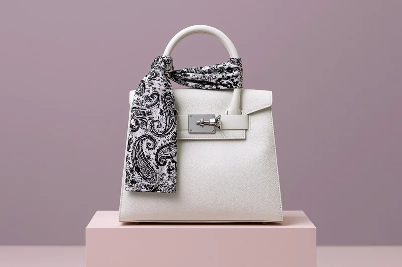 White structured leather handbag with silver clasp hardware on pink pedestal