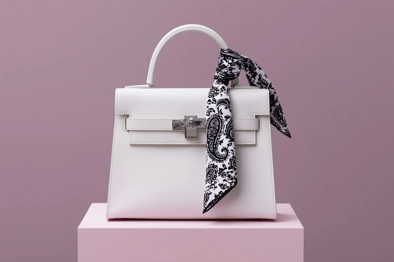 White structured leather handbag with silver clasp on pink pedestal against pink background