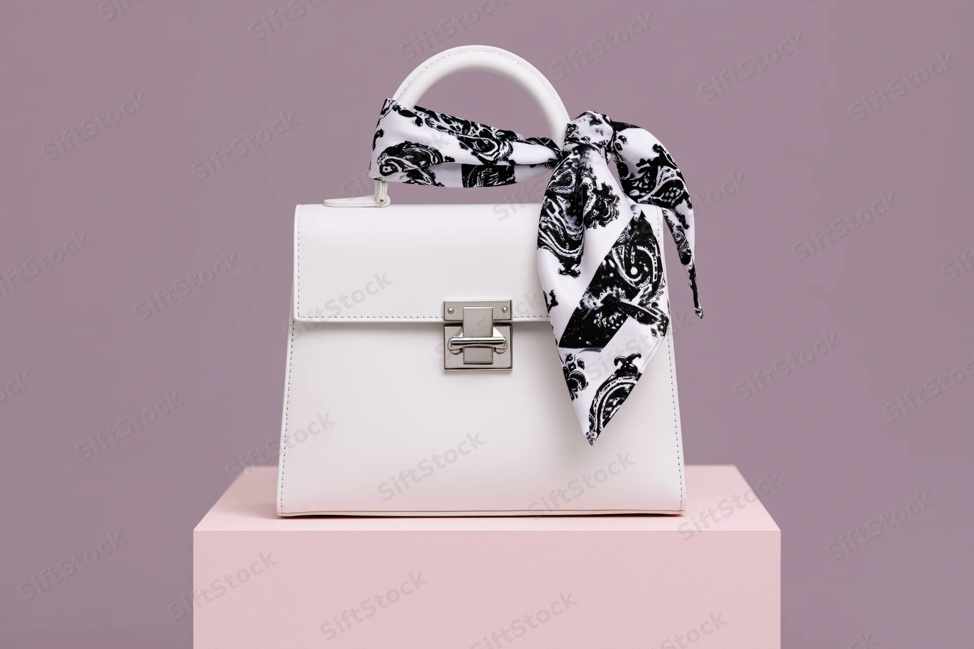 White structured leather handbag with silver clasp and black-and-white paisley scarf on pink podium
