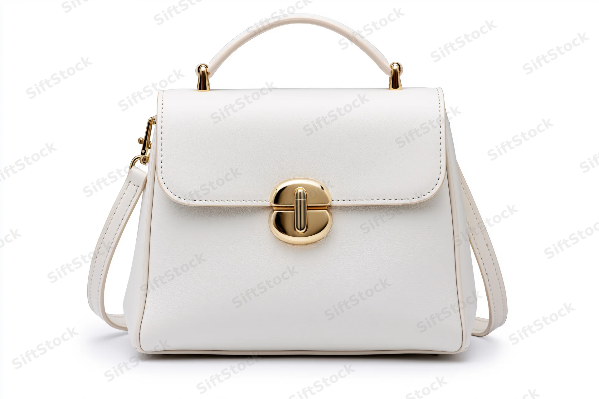 White structured leather satchel handbag with gold-tone clasp and handle on plain white background