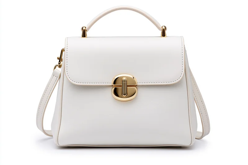 White structured leather satchel handbag with gold-tone clasp and handle on plain white background