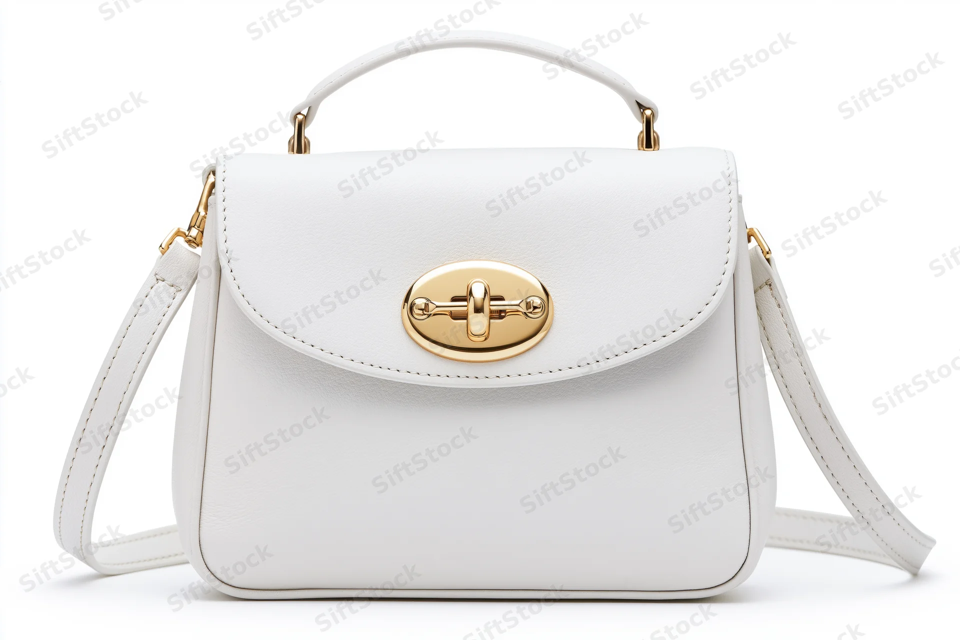 White structured leather satchel handbag with gold-tone oval clasp and shoulder strap, isolated on white background