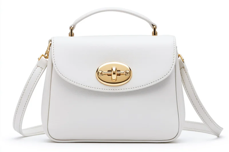 White structured leather satchel handbag with gold-tone oval clasp and shoulder strap, isolated on white background