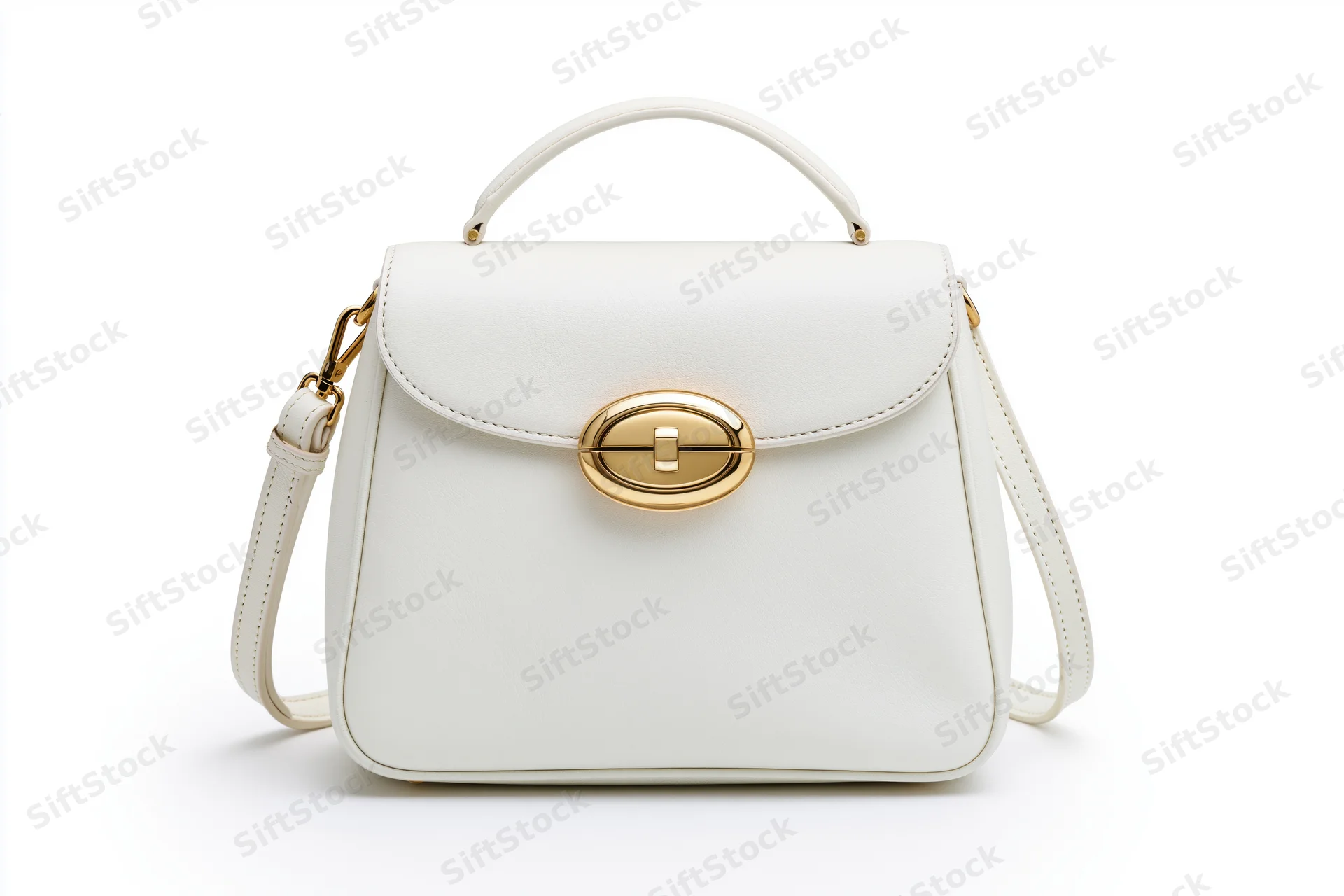 White structured leather satchel handbag with gold-tone oval clasp and shoulder strap isolated on white background