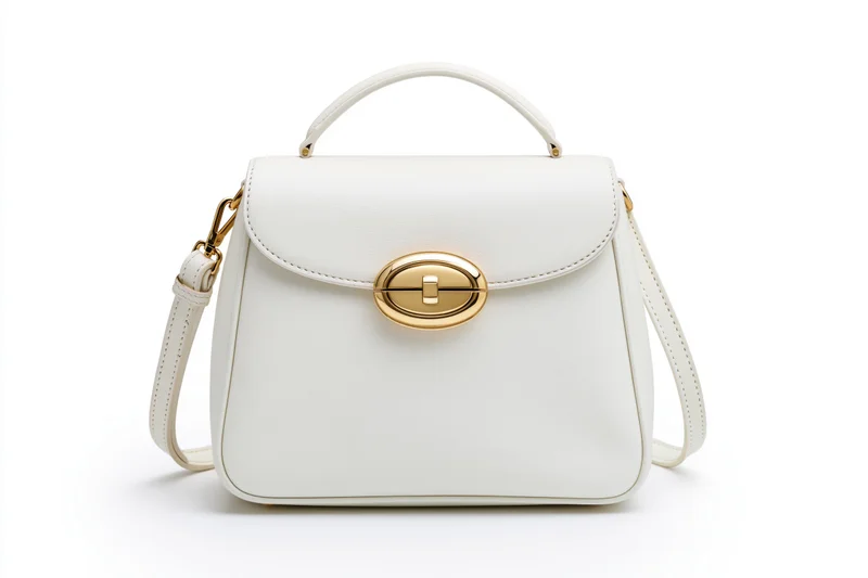 White structured leather satchel handbag with gold-tone oval clasp and shoulder strap isolated on white background