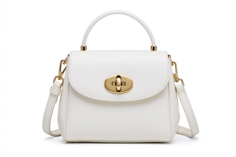 White structured leather satchel handbag with gold-tone oval clasp and shoulder strap isolated on white background