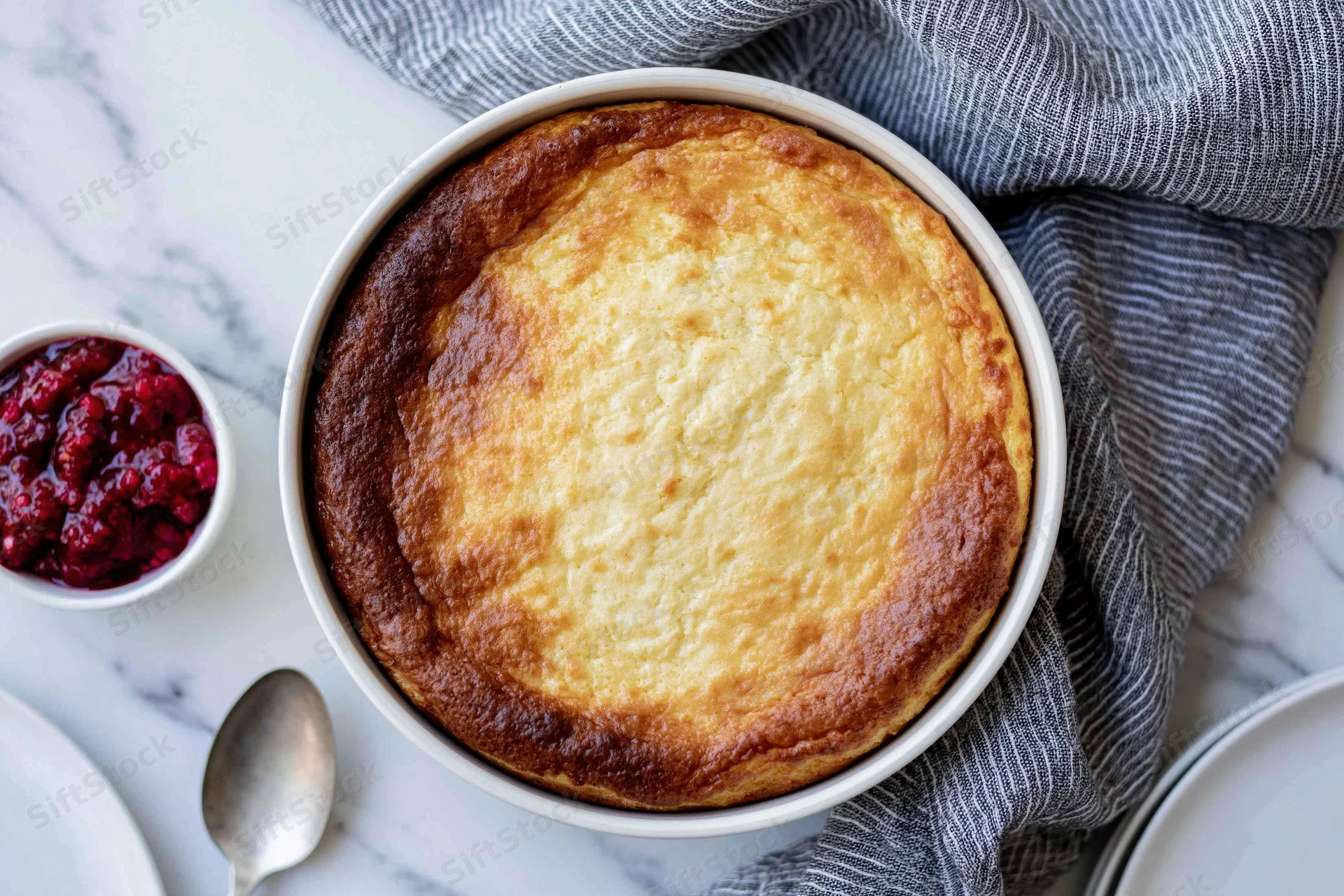 Whole baked cheesecake in a springform pan with raspberry jam on marble countertop