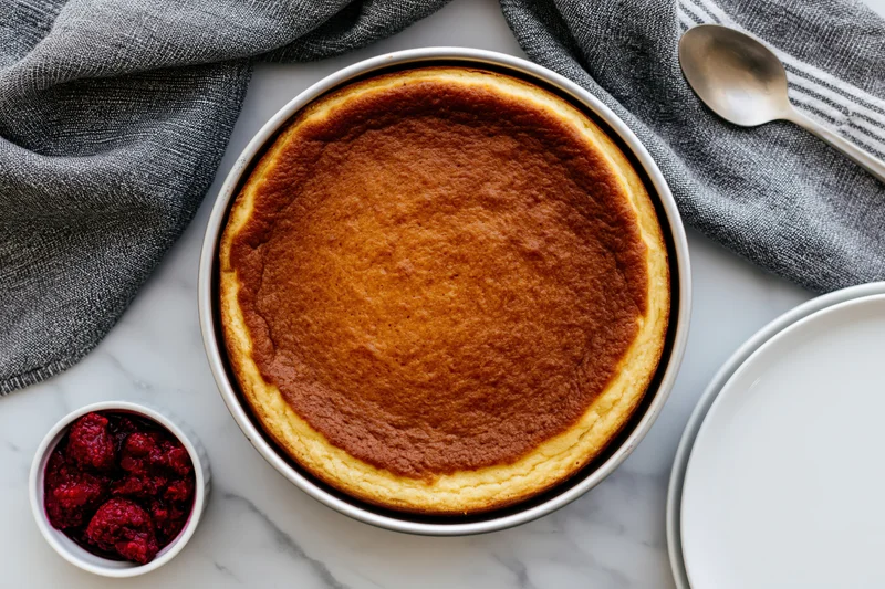 Whole baked cheesecake in a springform pan on a marble countertop with a gray cloth, spoon, plate, and small bowl of raspberry compote beside it