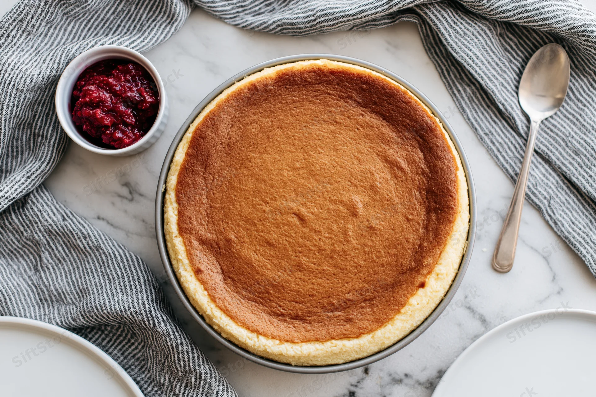 Whole baked cheesecake in a springform pan on marble surface with raspberry jam and spoon nearby