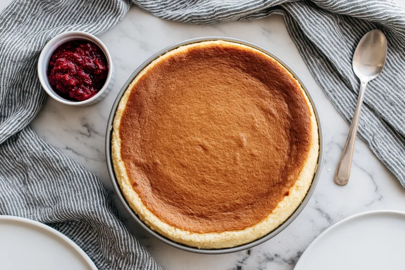 Whole baked cheesecake in a springform pan on marble surface with raspberry jam and spoon nearby