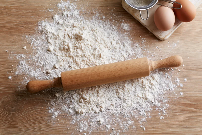 Wooden rolling pin resting on flour-dusted wooden kitchen countertop with eggs and sieve nearby
