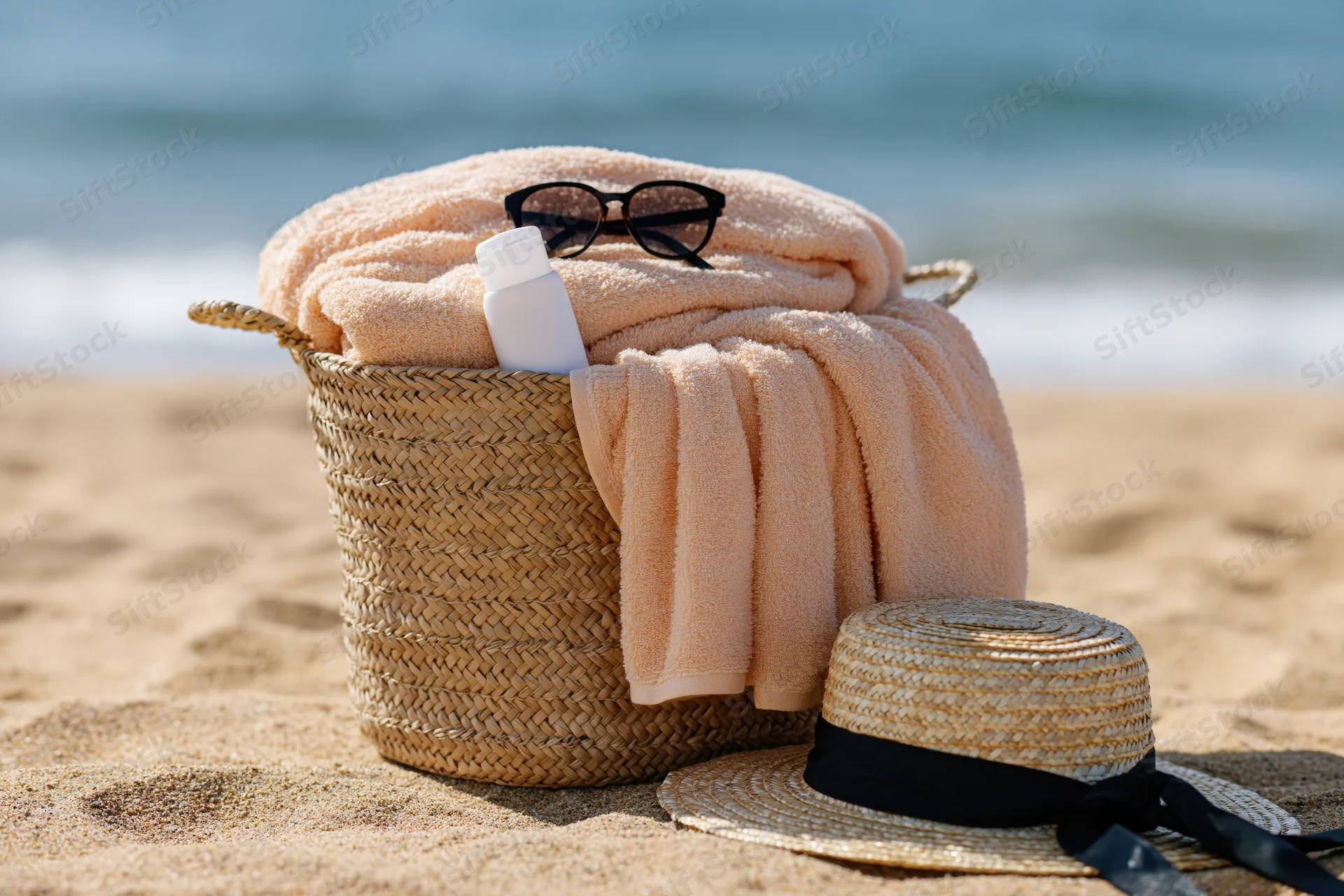 Woven straw basket filled with peach towel and sunglasses on sandy beach near ocean