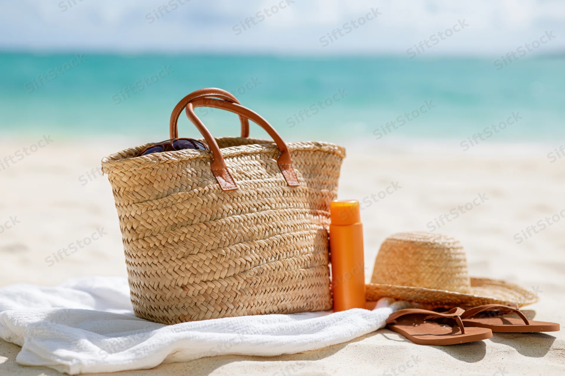 Woven straw beach bag with leather handles and sunglasses on sand near ocean