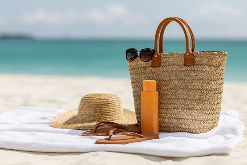 Woven straw beach bag with leather handles and sunglasses on white towel beside ocean