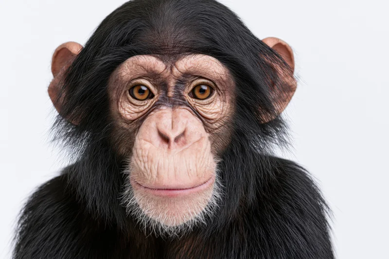 Young chimpanzee facing camera with calm attentive expression in studio portrait