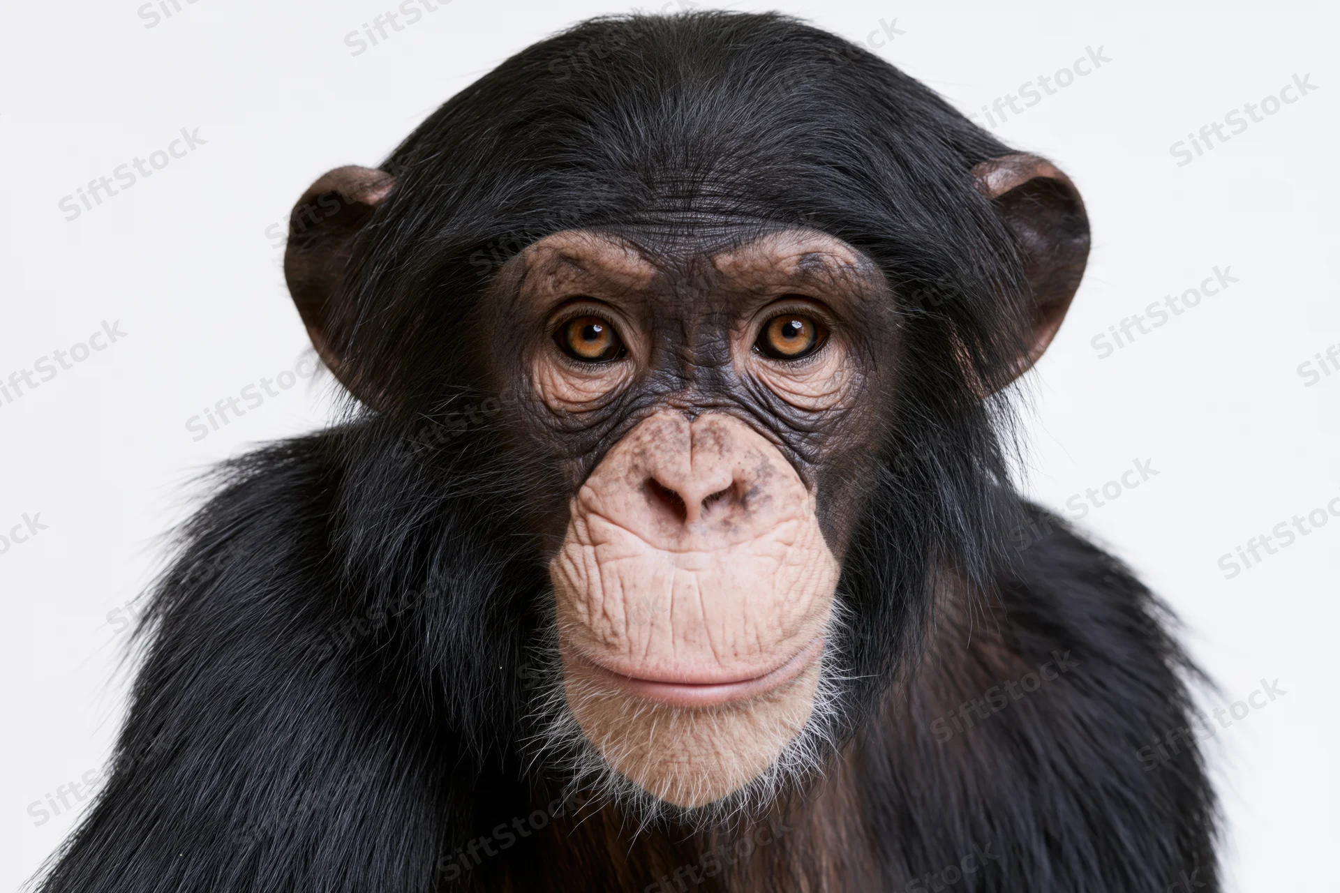 Young chimpanzee facing camera with calm attentive expression in studio portrait