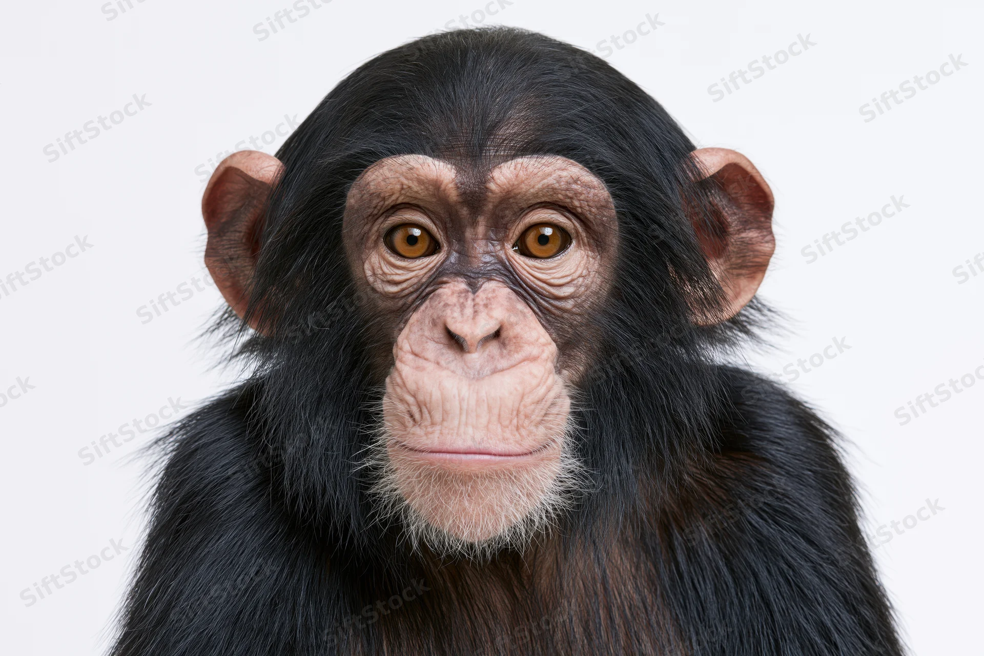 Young chimpanzee facing camera with calm attentive expression in studio portrait