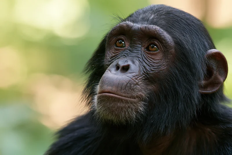 Young chimpanzee gazing upward with a contemplative expression in a forest setting