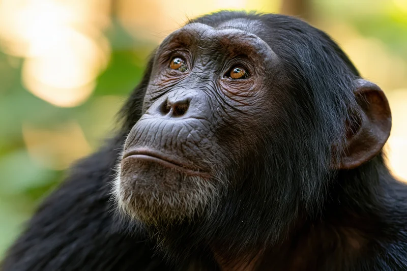 Young chimpanzee gazing upward with a thoughtful expression in a forest setting