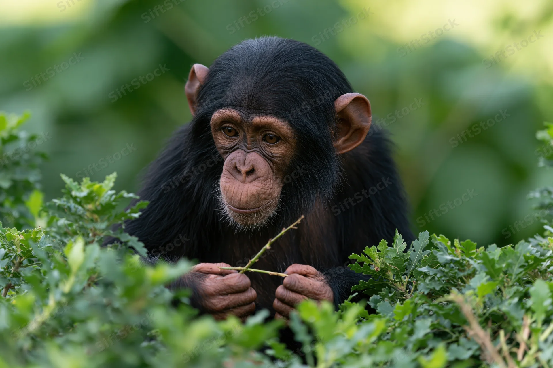 Young chimpanzee holding a twig among dense green shrubs in a natural habitat