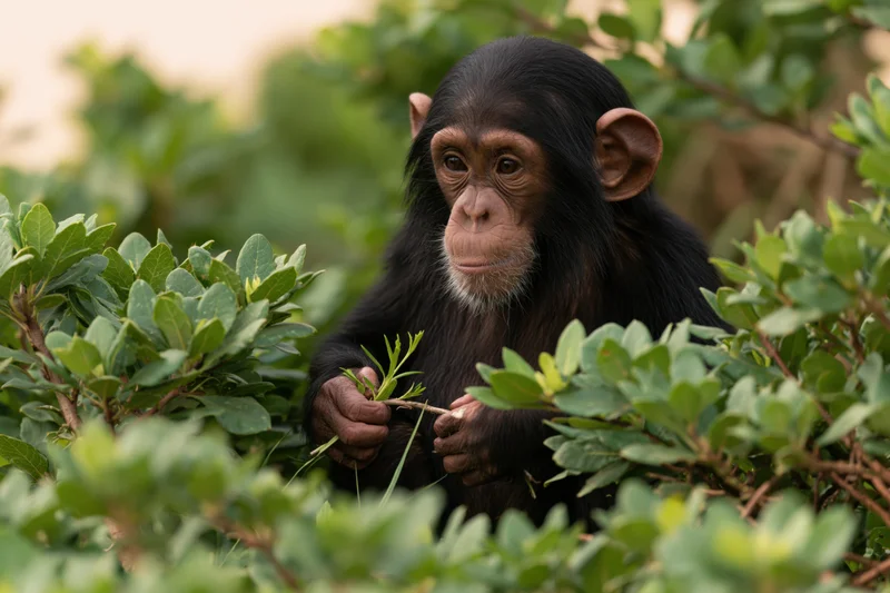 Young chimpanzee holding a twig among dense green shrubs in natural habitat