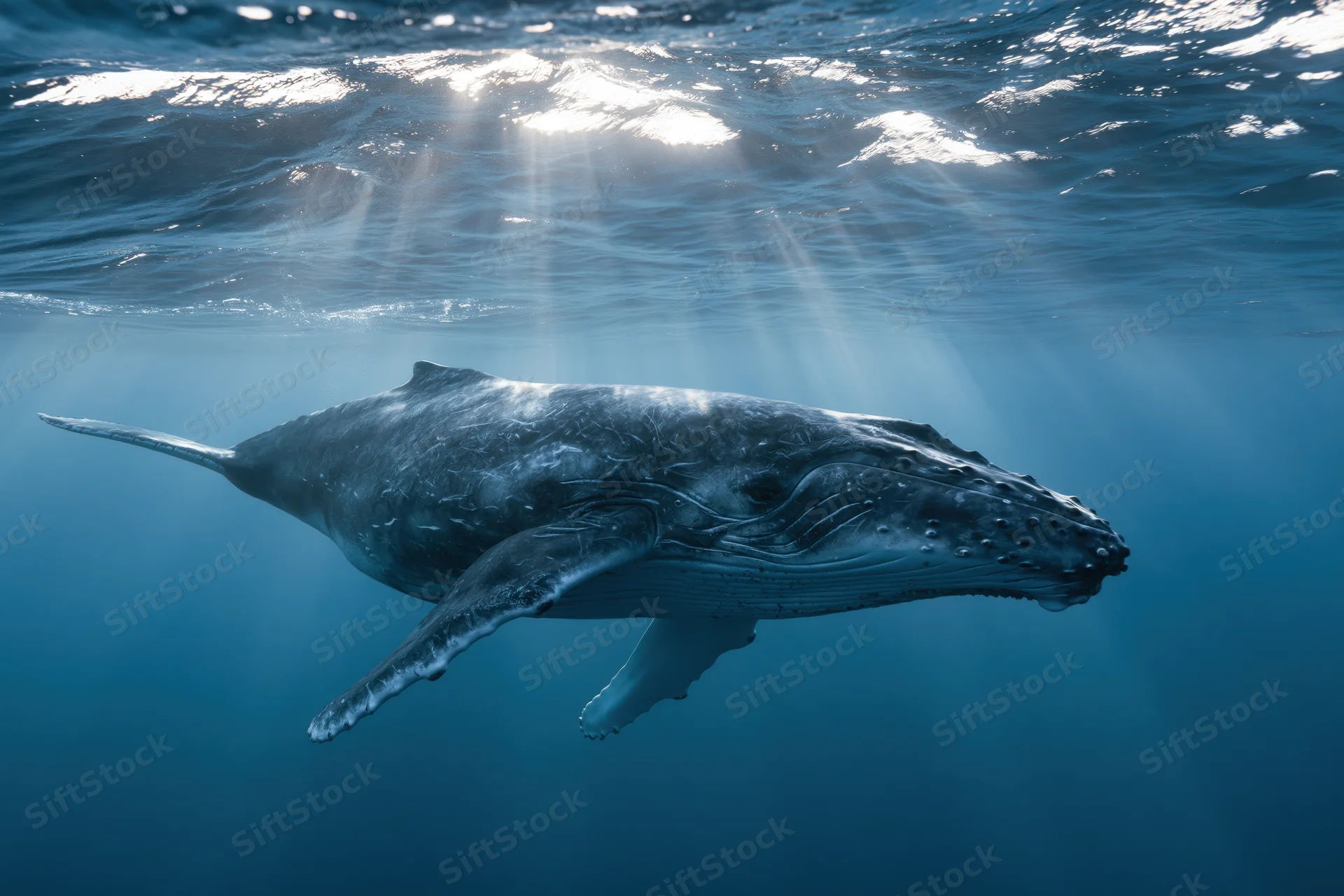 Young humpback whale calf swimming just beneath the ocean surface with sunlight rays penetrating the water